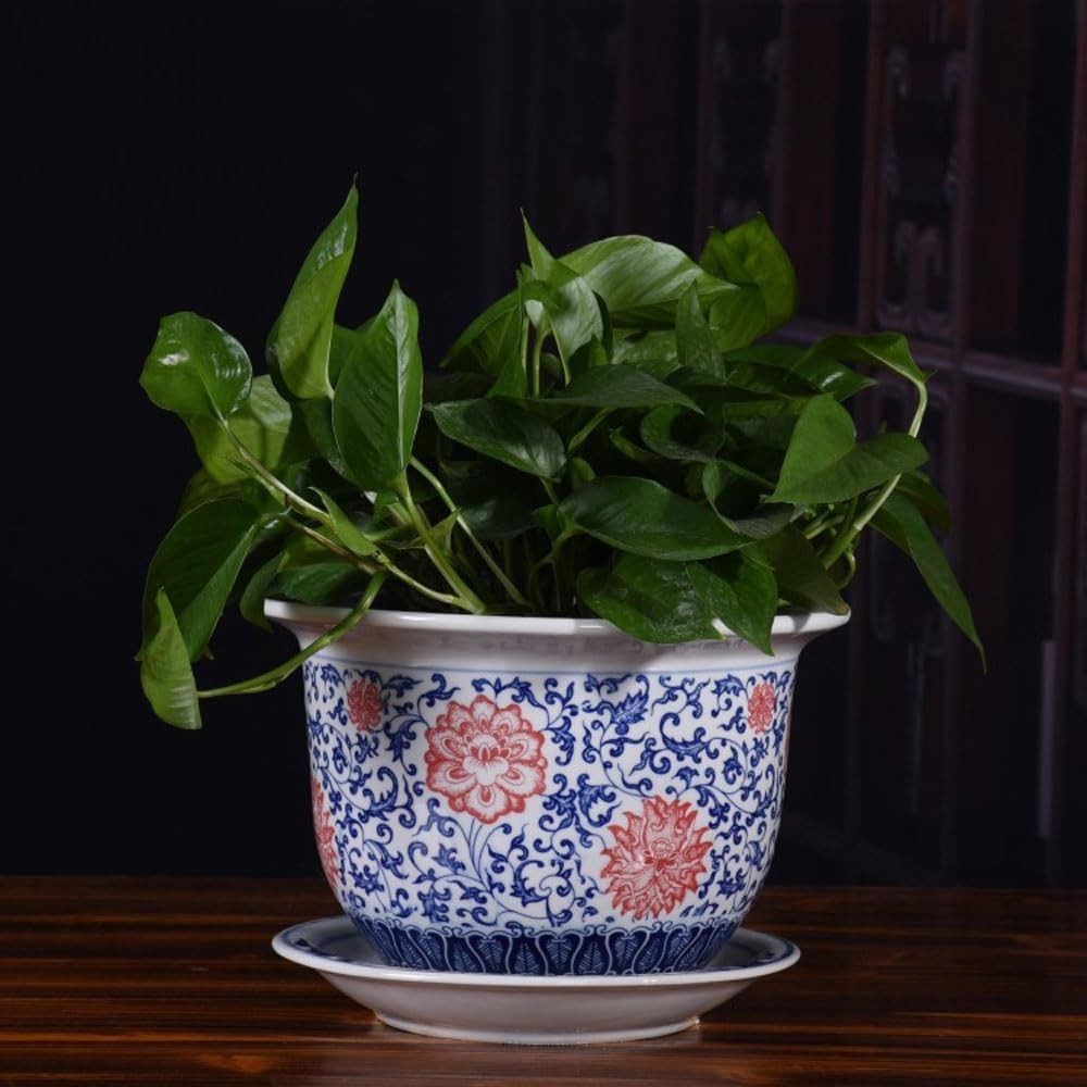 Blue and White Porcelain Flowerpot Ceramic Ink Dish White Ceramic Planter Chinese Vintage Planter Plants Pots House Plant Pots Gardening Supplies Flower Pot Bon,Blue-33cmx23cm