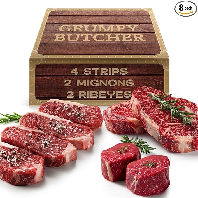Grumpy Butcher 8 Steaks Premium Set - 4 NY Strips (10 oz), 2 Ribeye Steaks (12 oz), 2 Large Beef Filet Mignon Steaks (8 oz) - Steakhouse Quality Meat Gourmet Gift Basket