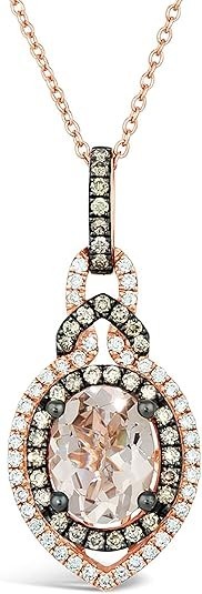 LeVian 14K Rose Gold, Oval Morganite & 1/2 Cttw White/Chocolate Diamond Interwoven Halo Pendant Necklace (G-H & Fancy Brown Color, VS2-SI1 Clarity) - 18”
