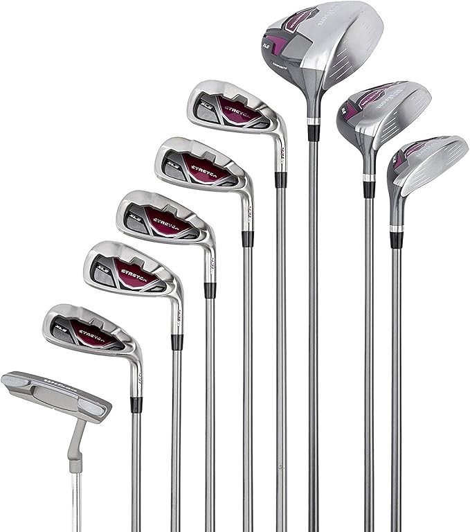 Wilson Beginner Complete Set, 9 Golf Clubs with cart Bag, Women's, Stretch XL, White/Grey/Purple