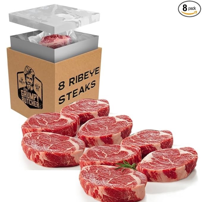 Grumpy Butcher Ribeye Steaks, 8 Pack (12 oz each) - Prime Steakhouse Quality Beef Ribeye Steak Meat - For Delivery in Grumpy Butcher Meat Gift Packages Specials Option