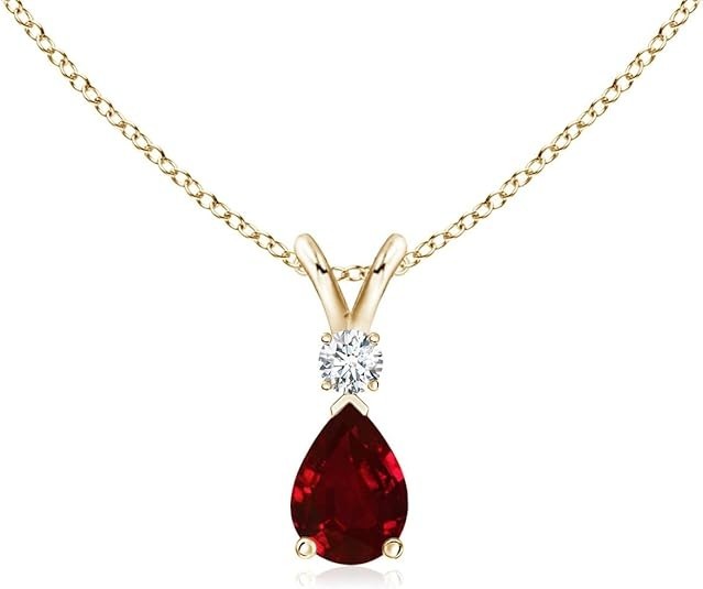 Angara Natural Ruby Solitaire Pendant for Women | Prong-Set Ruby Teardrop V-Bale Pendant with Diamond in 14K Solid Gold/Silver/Platinum With 18" Chain | July Birthday, Gemstone Jewelry Gift