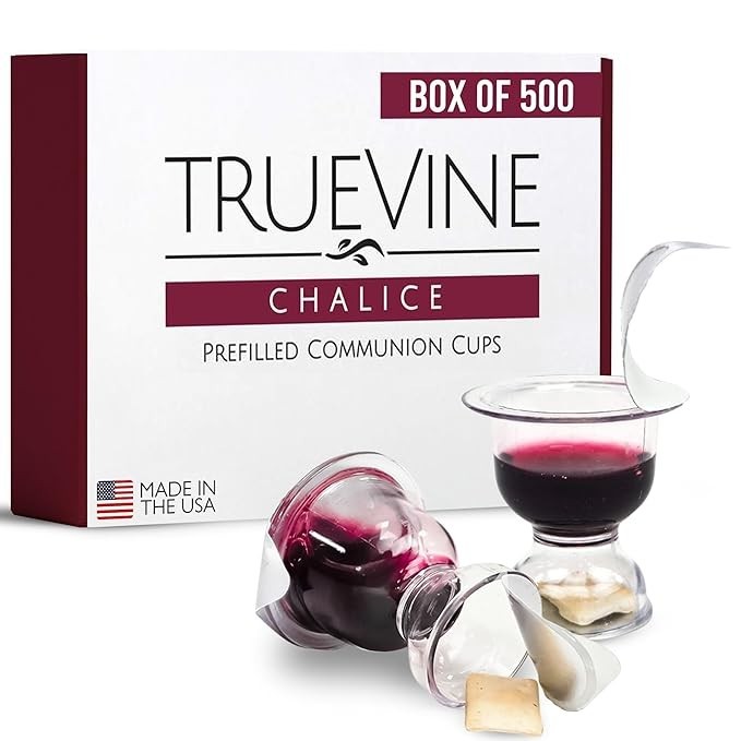 TrueVine Chalice Communion Cups and Wafer Set - Prefilled Cups w/Fresh Unleavened Bread & Grape Juice - Carefully Packaged & Easy to Open Elements for your Church Services, Fits in Trays (500 Count)